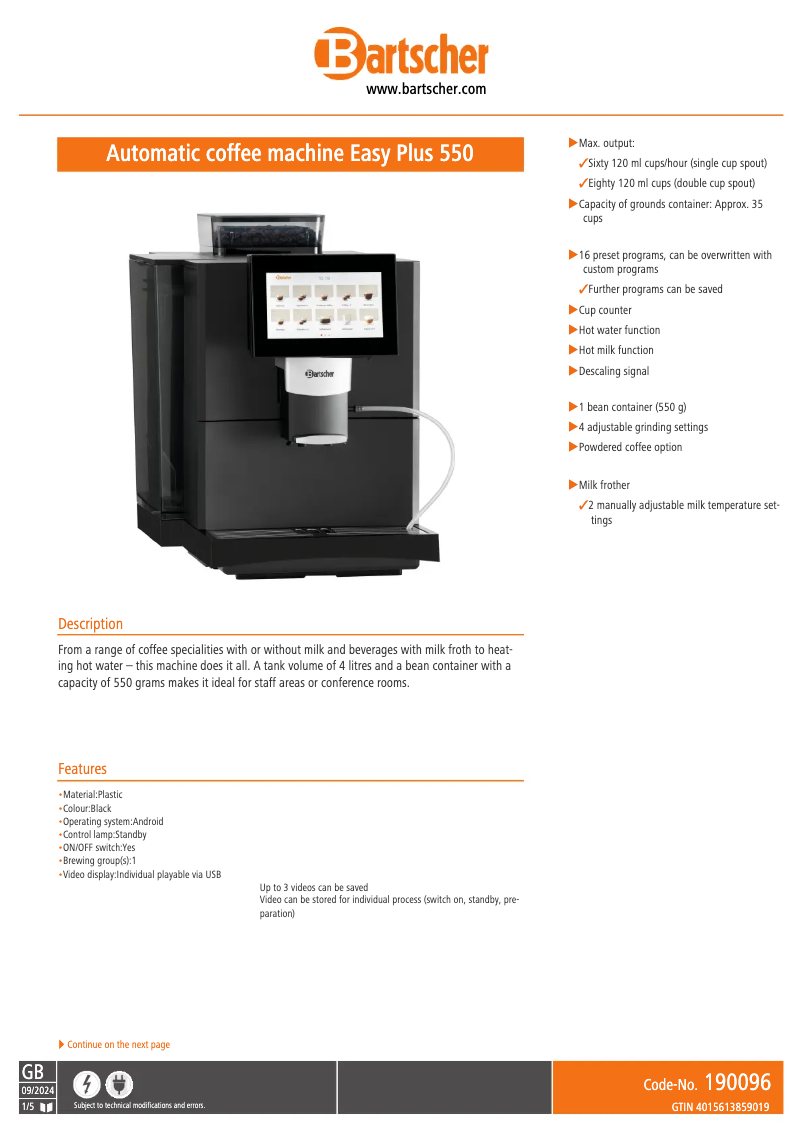 Page n°1 - Fiche technique Bartscher Easy Plus 550