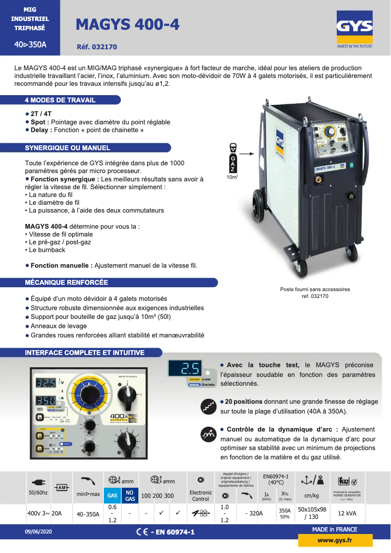 Page 1 de la notice Fiche technique GYS Magys 400-4