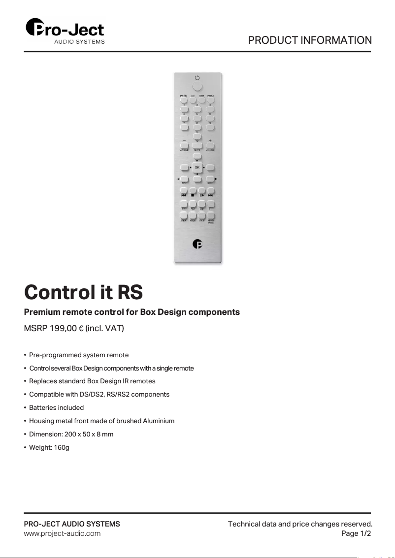 Page 1 de la notice Fiche technique Pro-Ject Control it RS