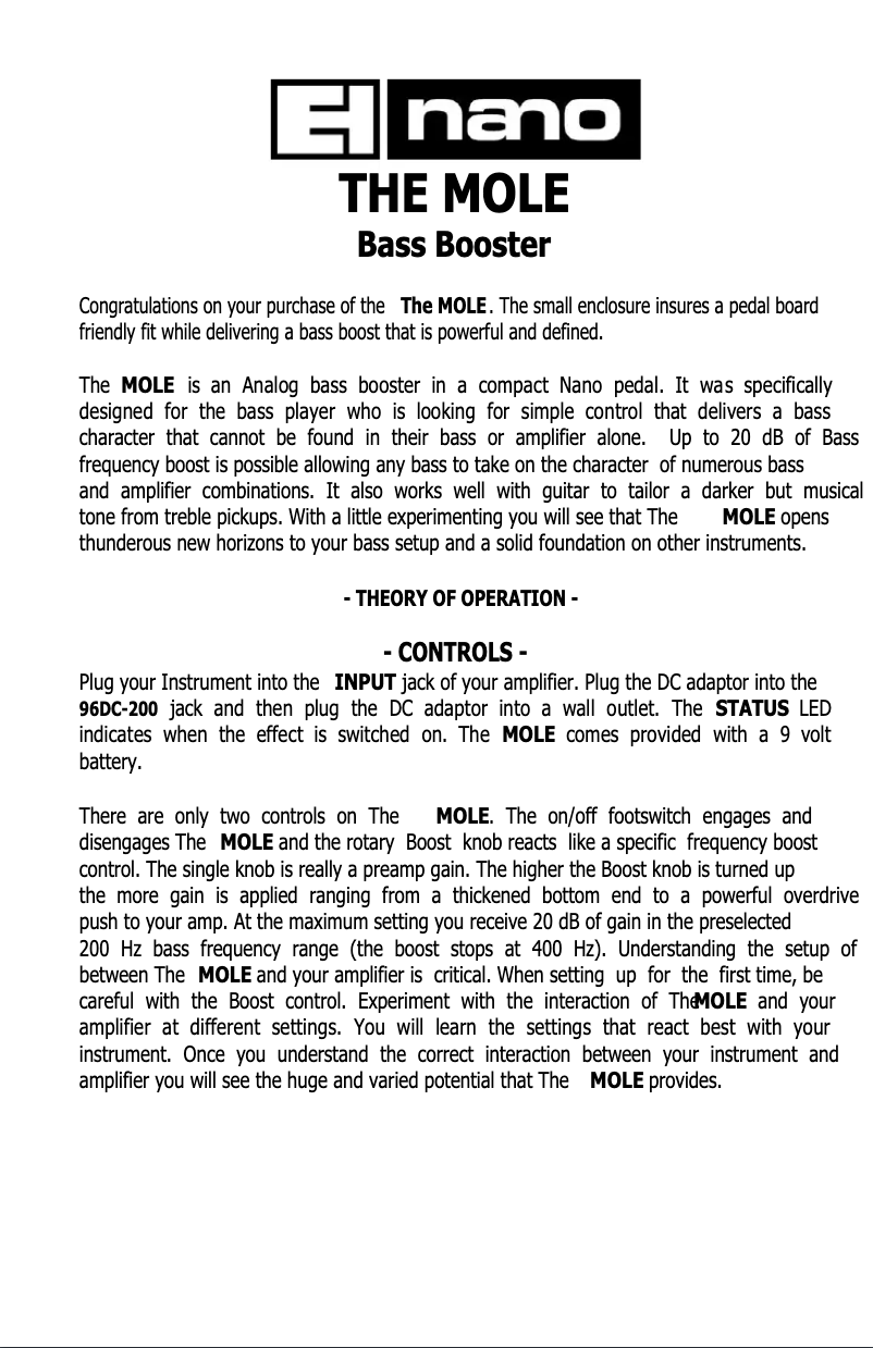 Page 1 de la notice Manuel utilisateur Electro Harmonix Mole
