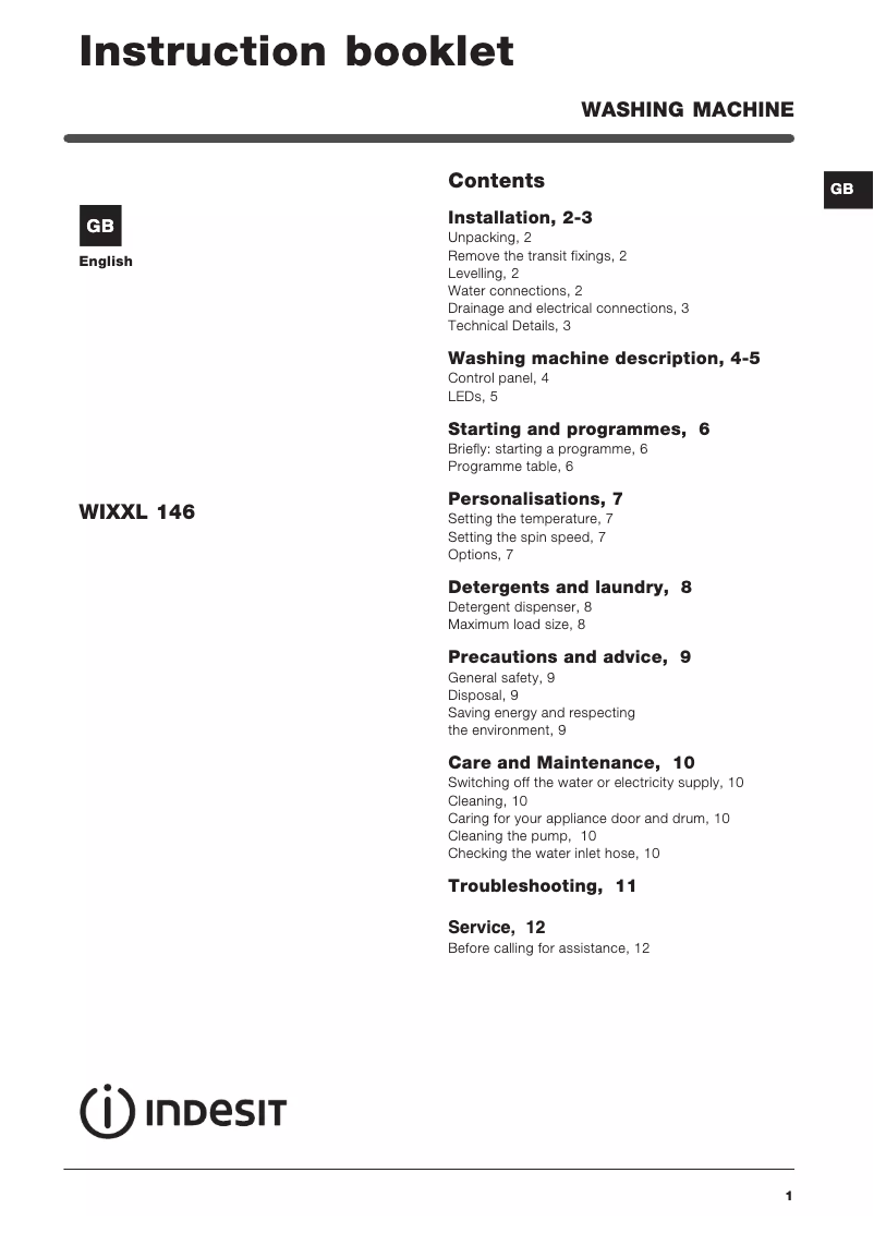 Page 1 de la notice Manuel utilisateur Indesit WIXXL 146