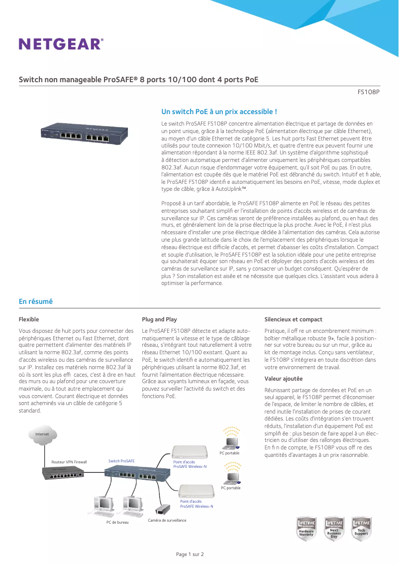 Page n°1 - Fiche technique Netgear FS108Pv3