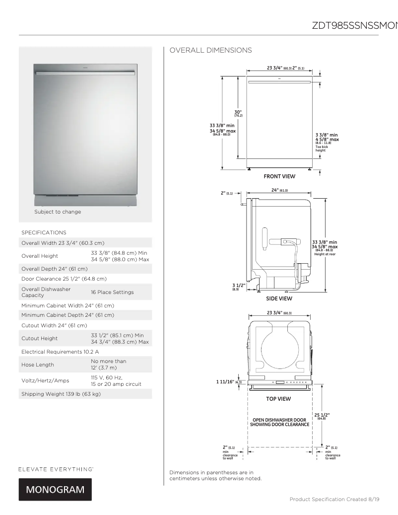 Page 1 de la notice Fiche technique Monogram ZDT985SSNSS