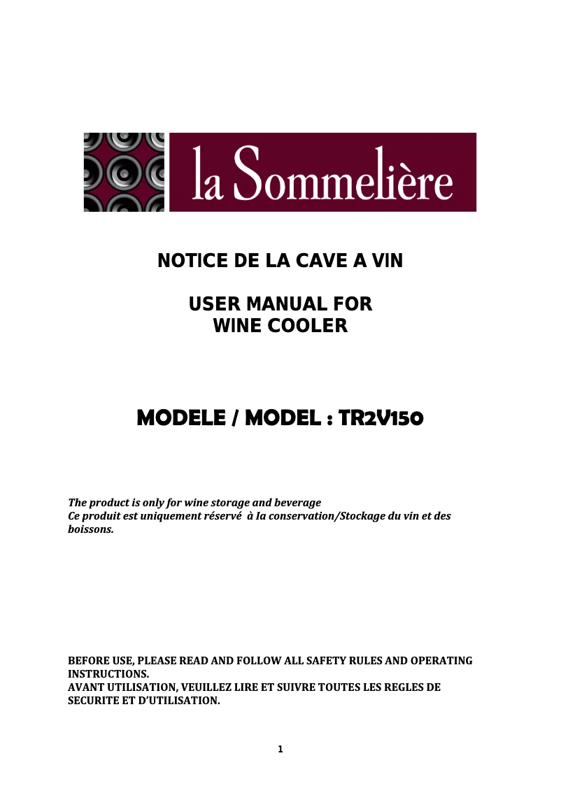Page 1 de la notice Manuel utilisateur La Sommelière TR2V150