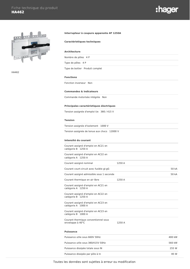 Page 1 de la notice Fiche technique Hager HA462