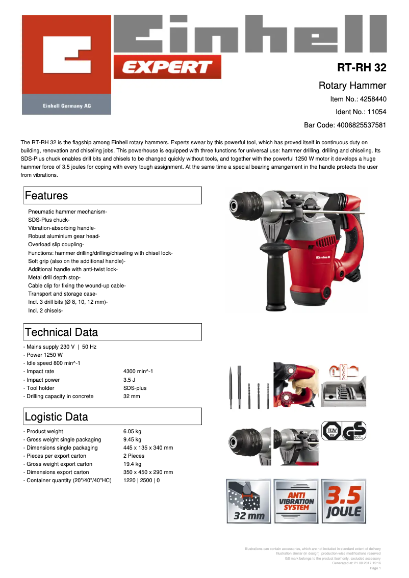 Page n°1 - Fiche technique Einhell RT-RH 32