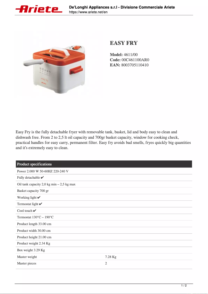 Image de la première page du manuel de l'appareil Easy Fry 4611
