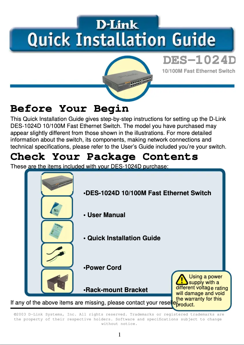 Page n°1 - Manuel utilisateur D-Link DES-1024D