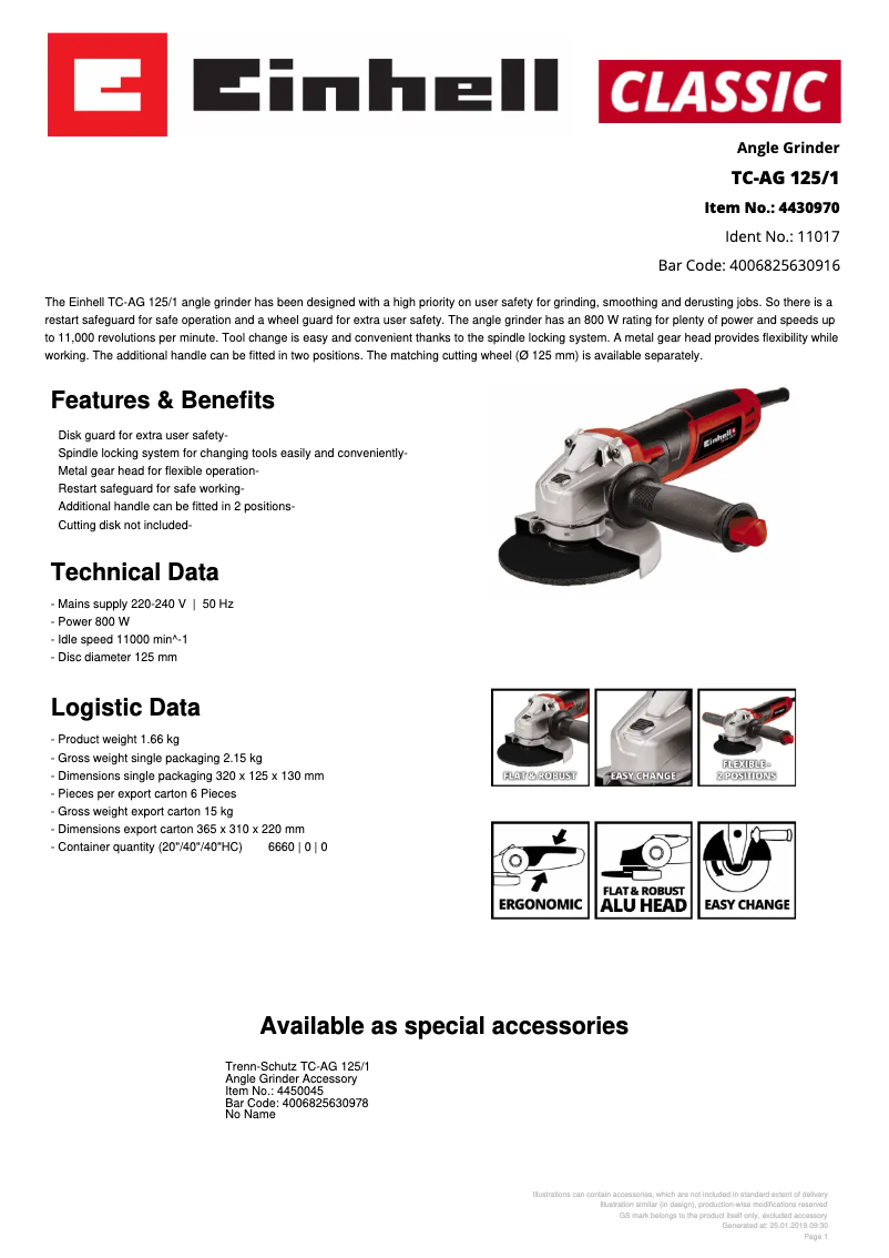 Page 1 de la notice Fiche technique Einhell TC-AG 125/1