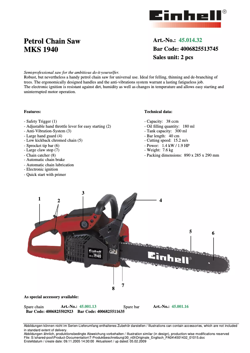 Page n°1 - Manuel utilisateur Einhell MKS 1940