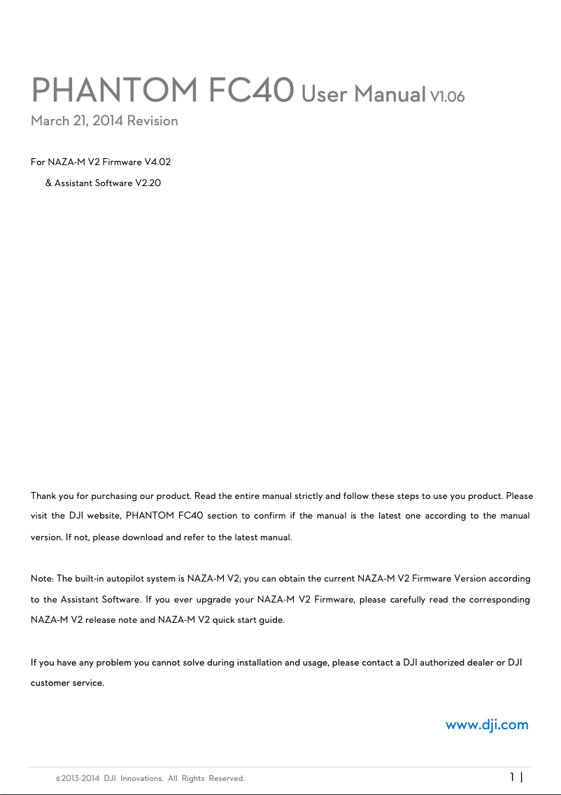Image de la première page du manuel de l'appareil Phantom FC40