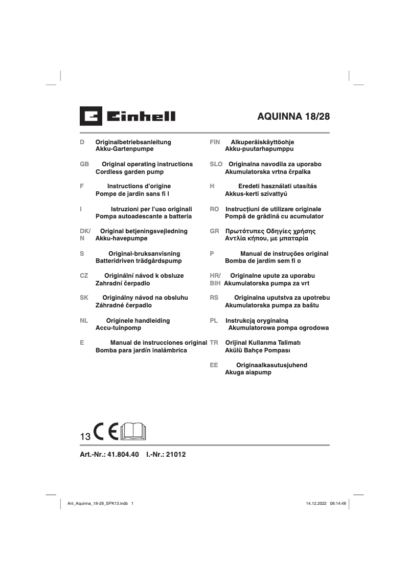 Page n°1 - Manuel utilisateur Einhell AQUINNA 18/28