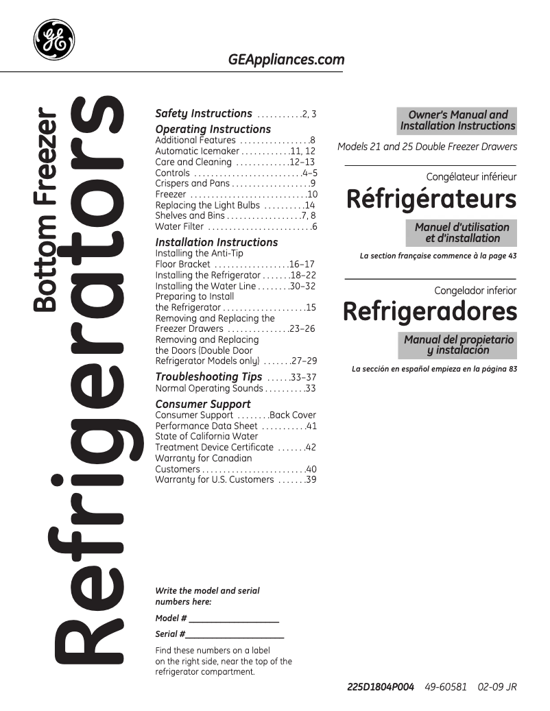 Page 1 de la notice Manuel d'utilisation et d'entretien GE PGSS5NFYSS