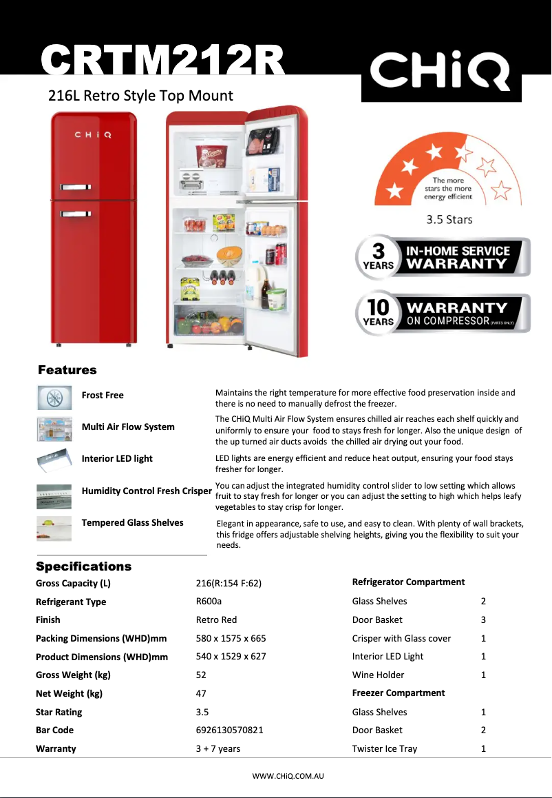 Página 1 del manual Ficha técnica CHiQ CRTM212R