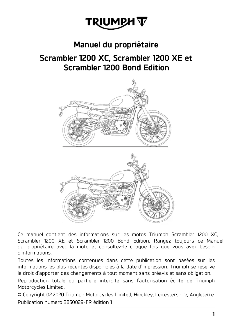 Page 1 de la notice Manuel utilisateur Triumph Scrambler 1200 XE (2019)
