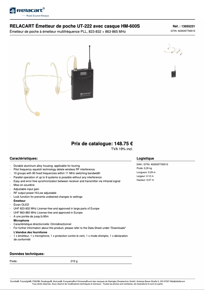 Page n°1 - Fiche technique Relacart UT-222
