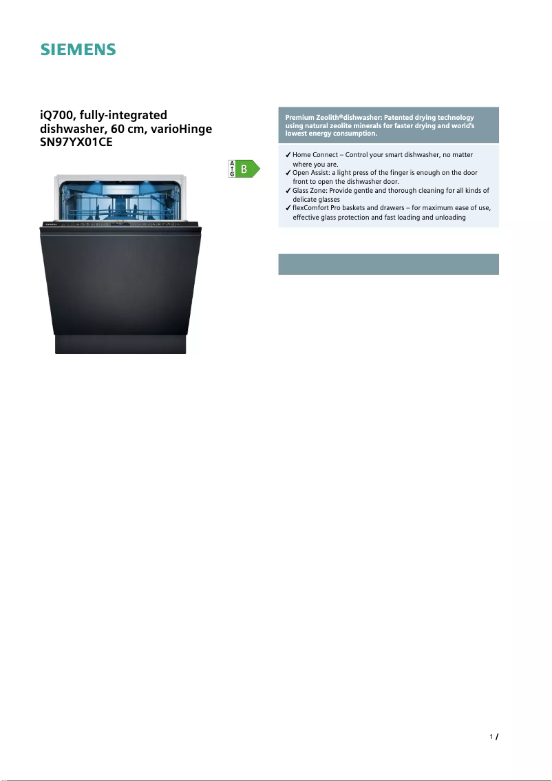 Page 1 de la notice Fiche technique Siemens SN97YX01CE