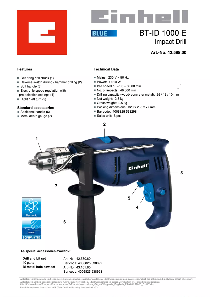 Page n°1 - Fiche technique Einhell BT-ID 1050 E