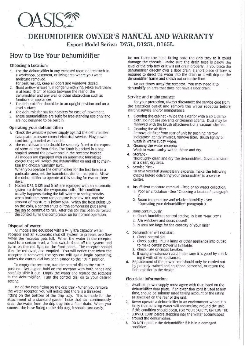 Page 1 de la notice Manuel utilisateur Oasis D125L