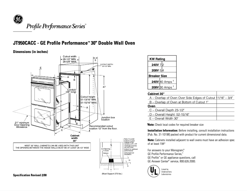 Page n°1 - Fiche technique GE Profile Performance JT950CACC