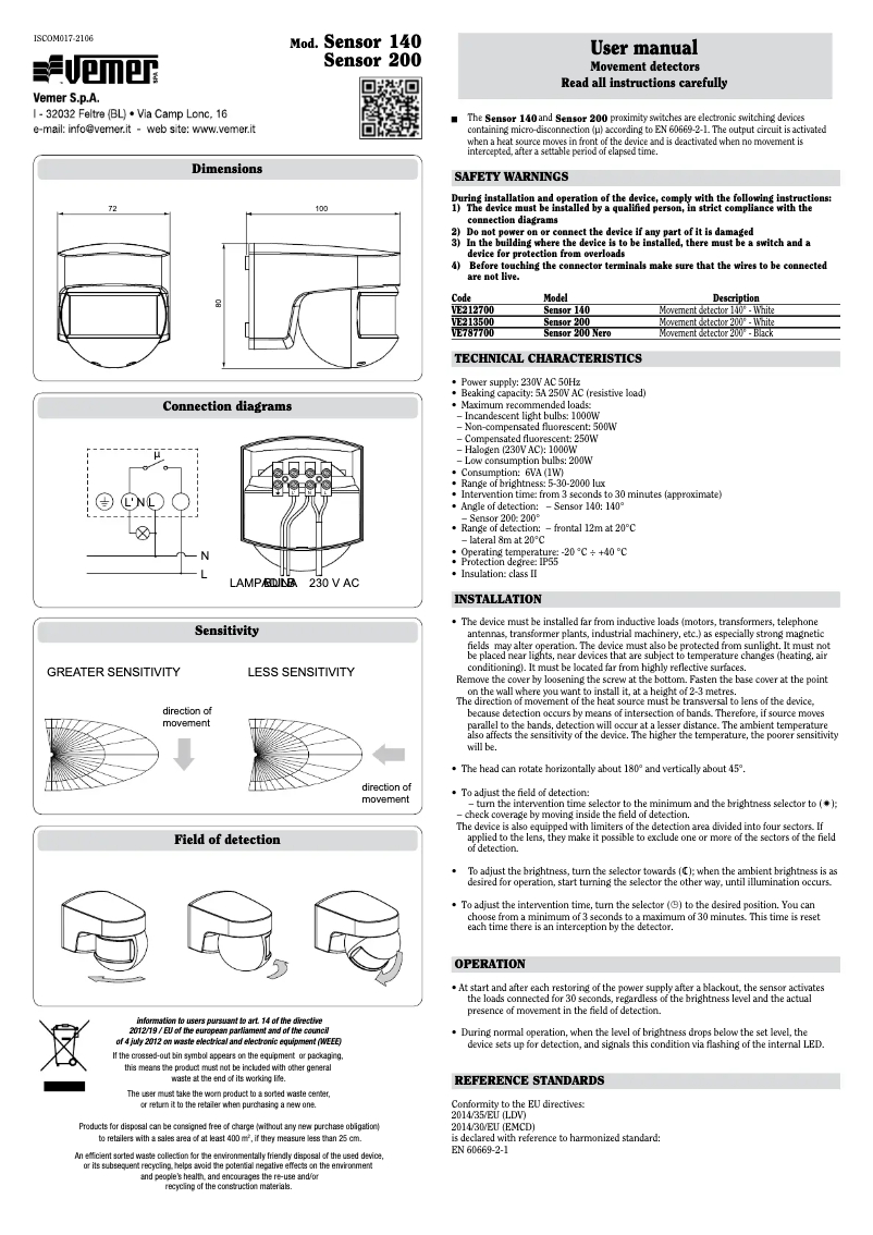 Página 1 del manual Manual de usuario Vemer Sensor 140
