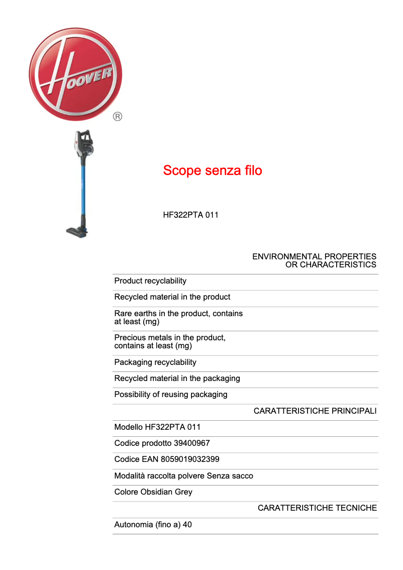 Page n°1 - Fiche technique Hoover H-FREE 300 HF322PTA 011