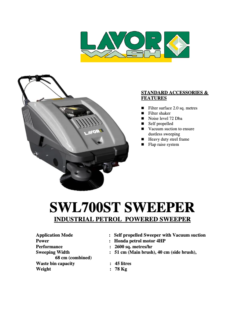 Page 1 de la notice Fiche technique Lavorwash SWL700ST