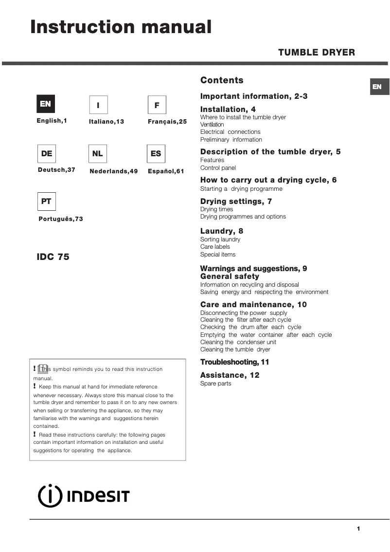 Image de la première page du manuel de l'appareil IDC 75