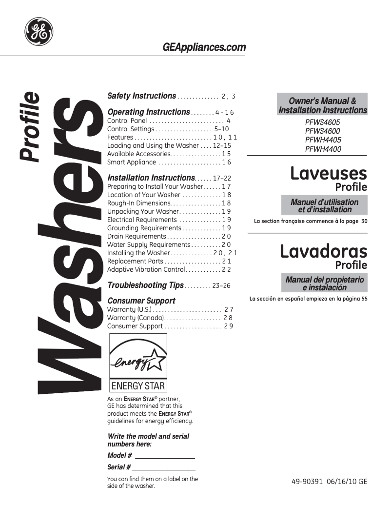 Page 1 of the manual User Manual GE PFWS4600LWW