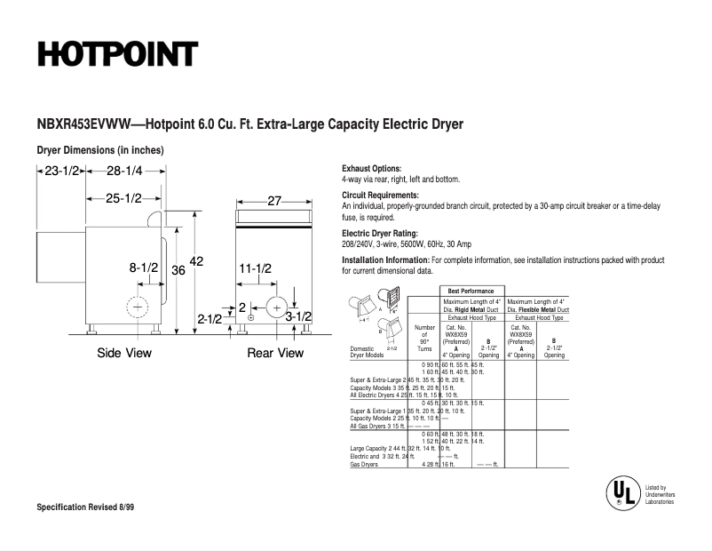Page 1 de la notice Fiche technique Hotpoint NBXR453EVWW