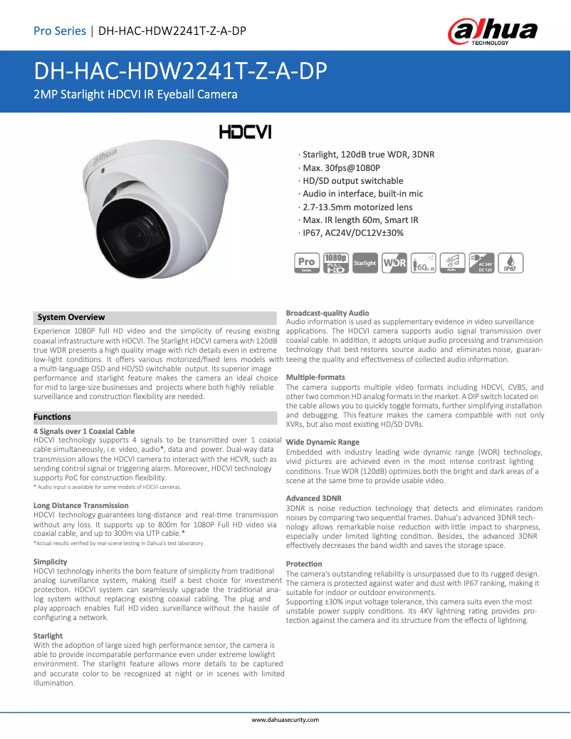 Page 1 de la notice Fiche technique Dahua Technology HAC-HDW2241T-Z-A-DP