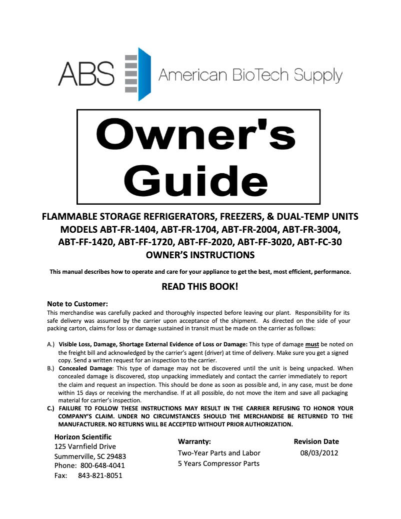 Page 1 de la notice Manuel d'utilisation et d'entretien American BioTech Supply ABT-FRS-30