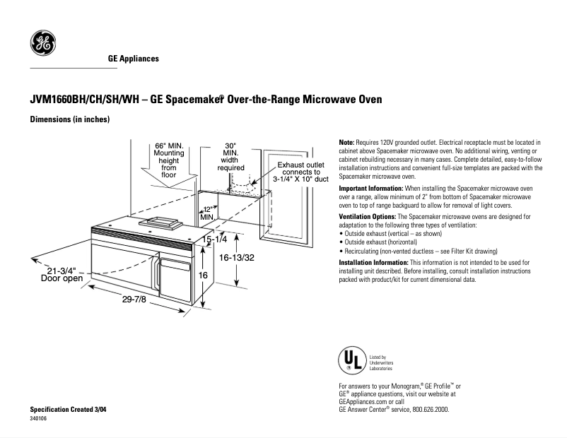 Page 1 of the manual Technical Sheet GE JVM1660CH