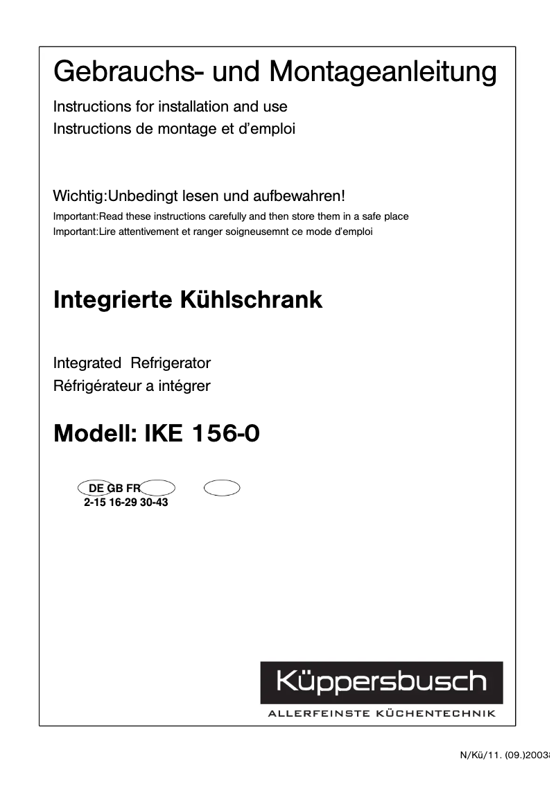 Page 1 de la notice Manuel utilisateur Küppersbusch IKE 156-0