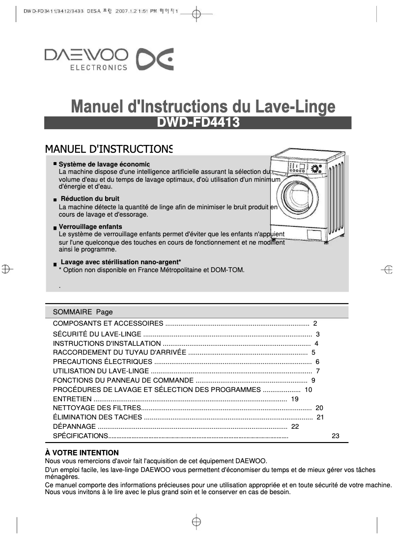 Page n°1 - Manuel utilisateur Daewoo DWD-FD4413