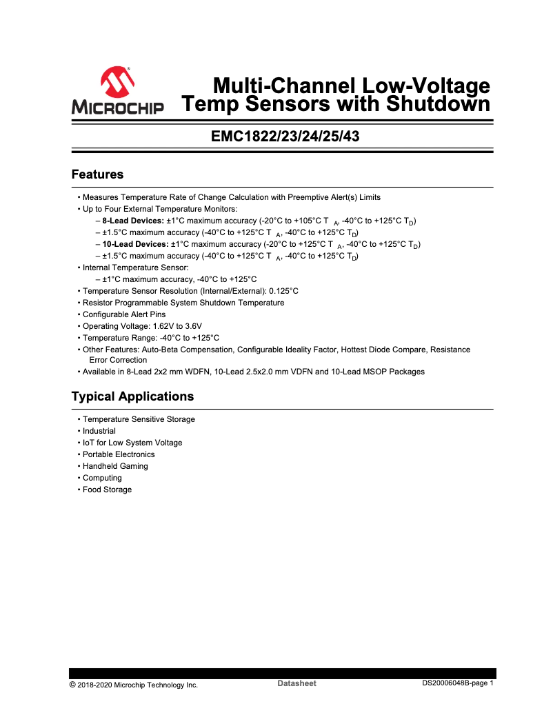 Page 1 de la notice Fiche technique Microchip EMC1825