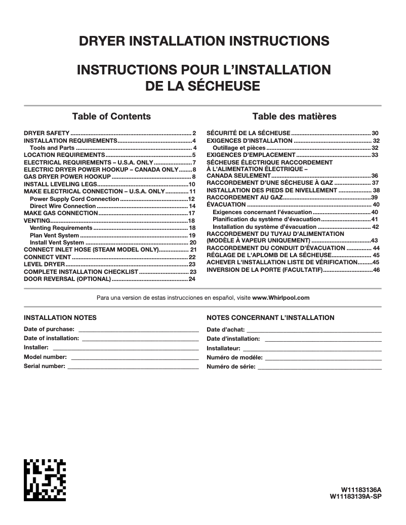 Page n°1 - Guide d'installation Whirlpool WED9620HW
