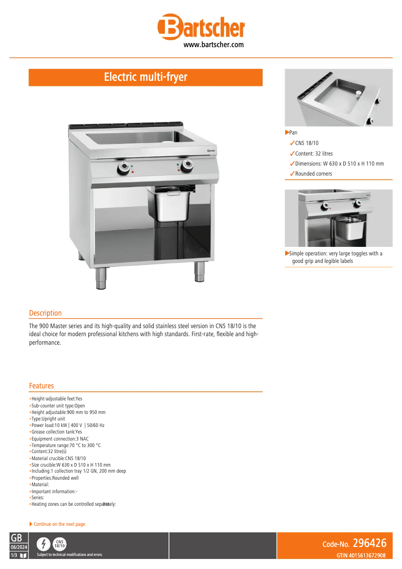 Page n°1 - Fiche technique Bartscher 296426