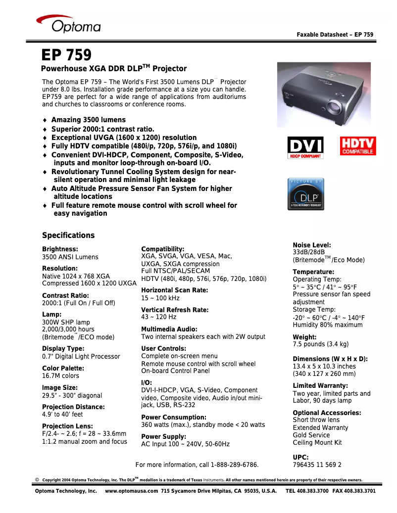 Page 1 de la notice Manuel utilisateur Optoma EZPRO759