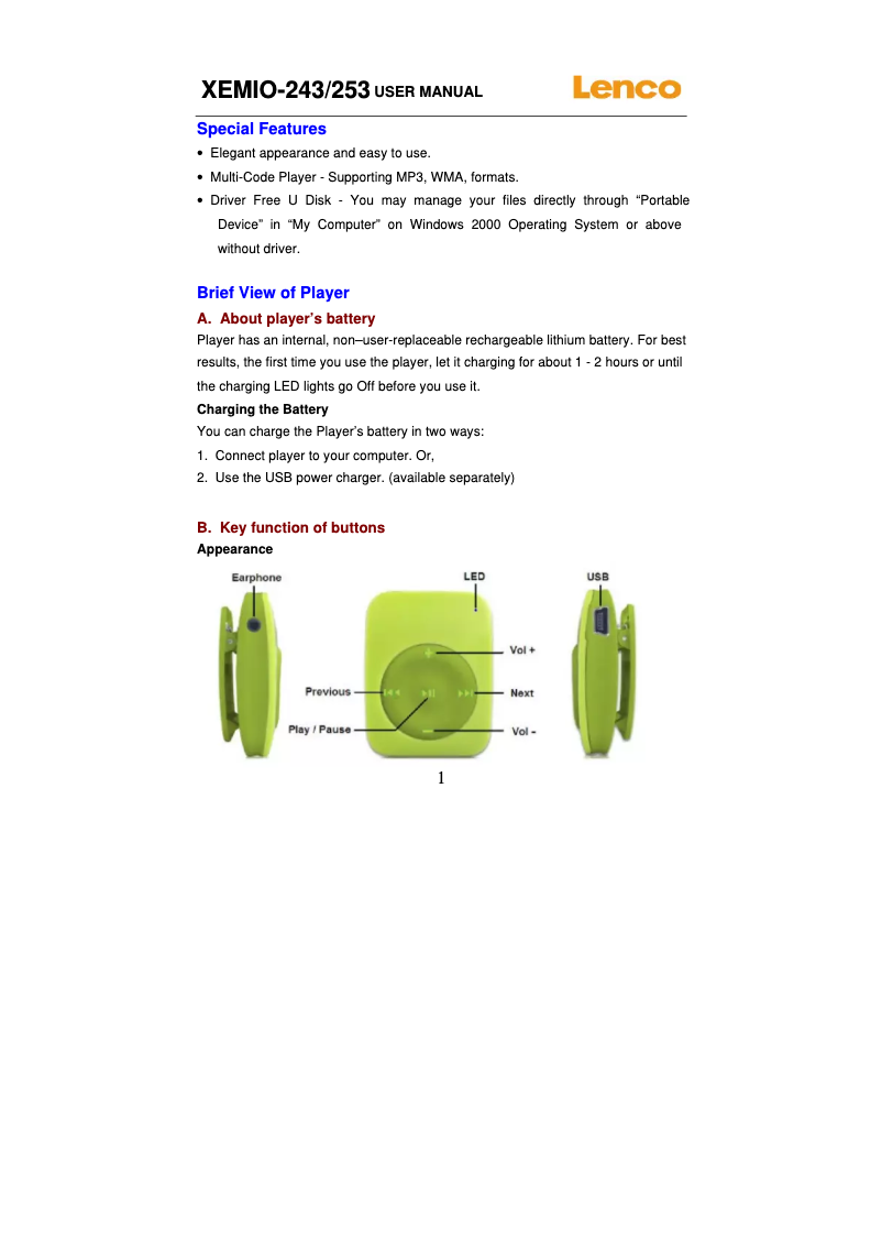 Page 1 de la notice Manuel utilisateur Lenco XEMIO-253