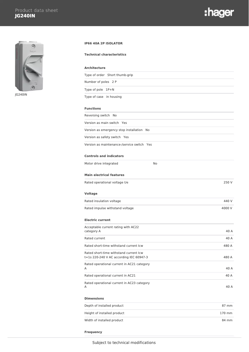 Page 1 de la notice Fiche technique Hager JG240IN