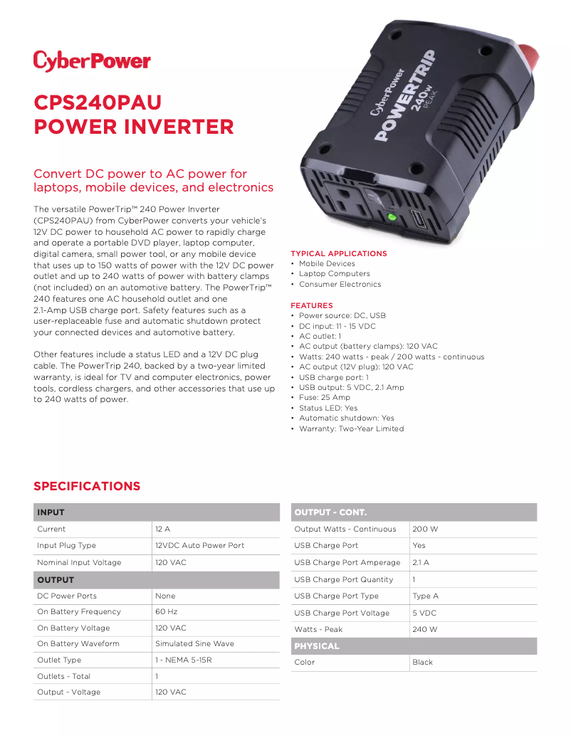 Page n°1 - Fiche technique CyberPower CPS240PAU