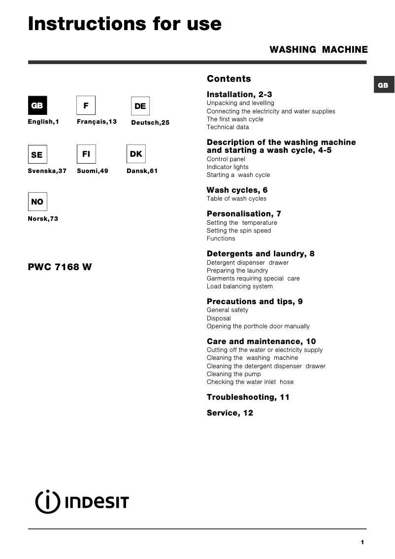 Page 1 de la notice Manuel utilisateur Indesit PWC 7168 W