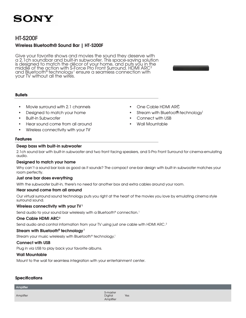 Page 1 de la notice Fiche technique Sony HT-S100F