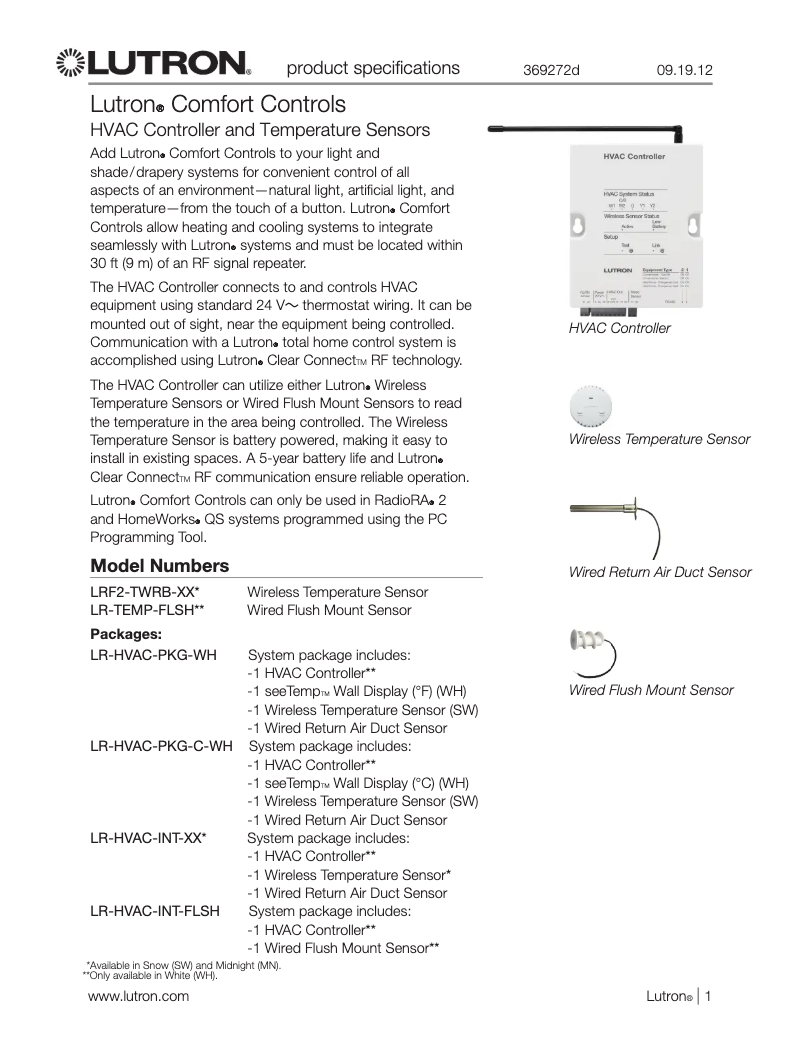 Page 1 de la notice Manuel utilisateur Lutron LR-HVAC-PKG-C-WH