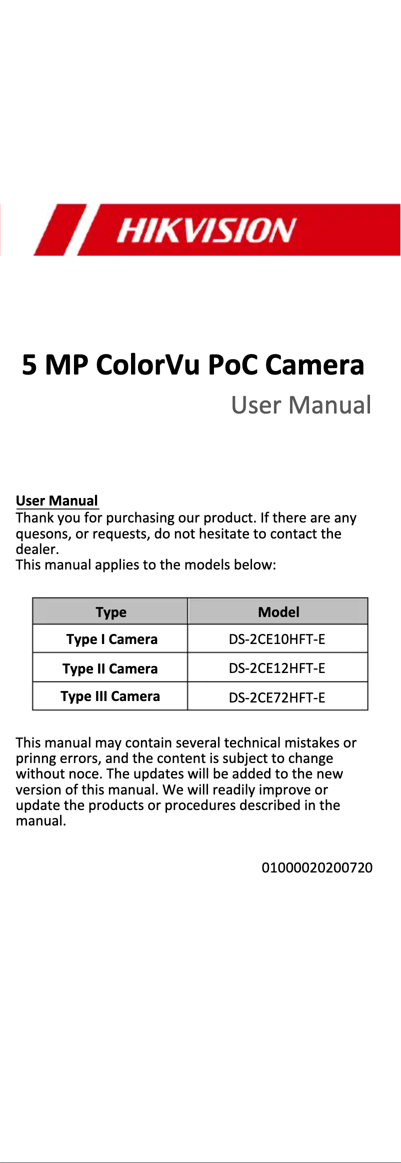 Image de la première page du manuel de l'appareil DS-2CE12HFT-E