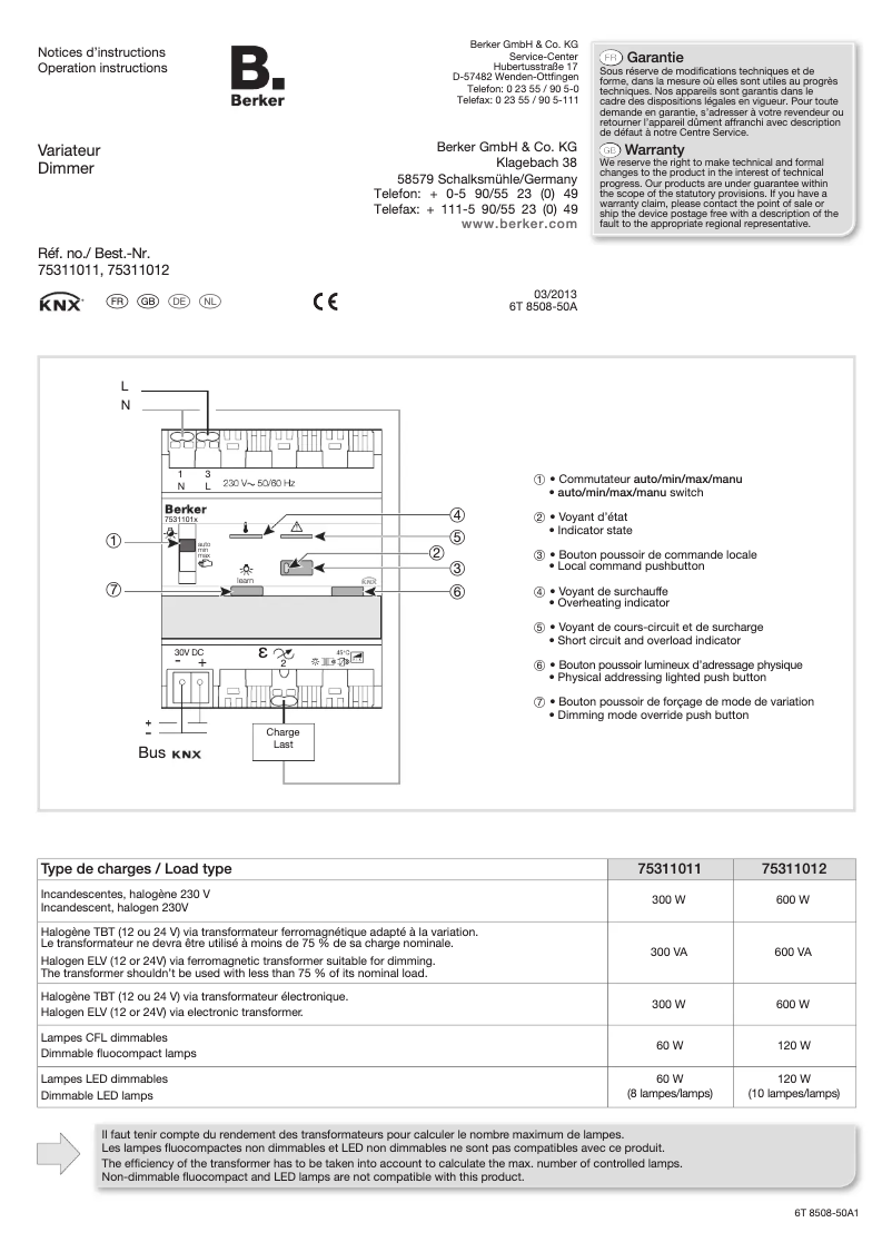 Page 1 de la notice Manuel utilisateur Berker 75311012
