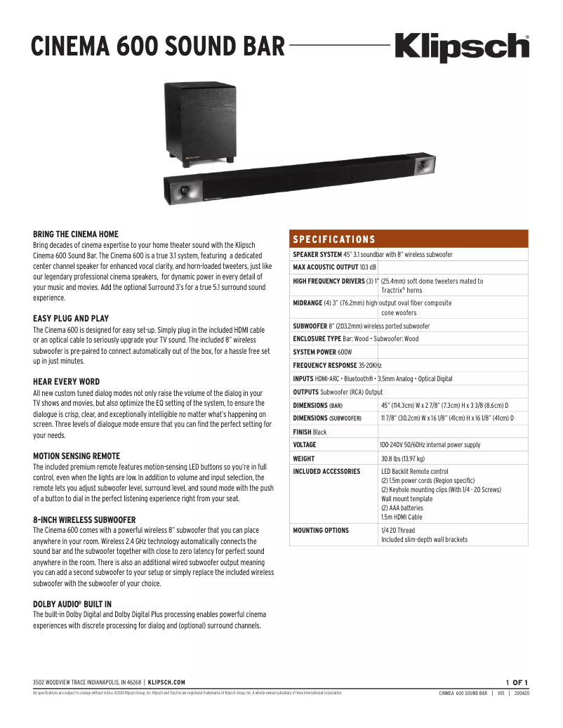 Page 1 de la notice Fiche technique Klipsch Cinema 600
