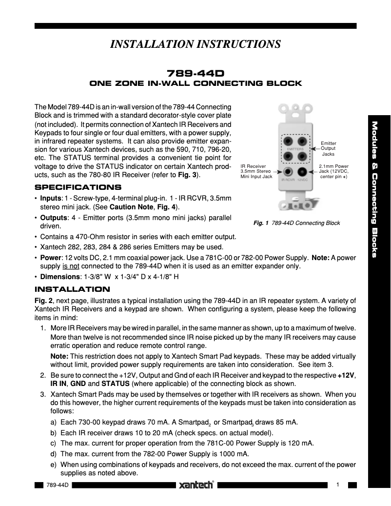 Page 1 de la notice Manuel utilisateur Xantech 789-44D