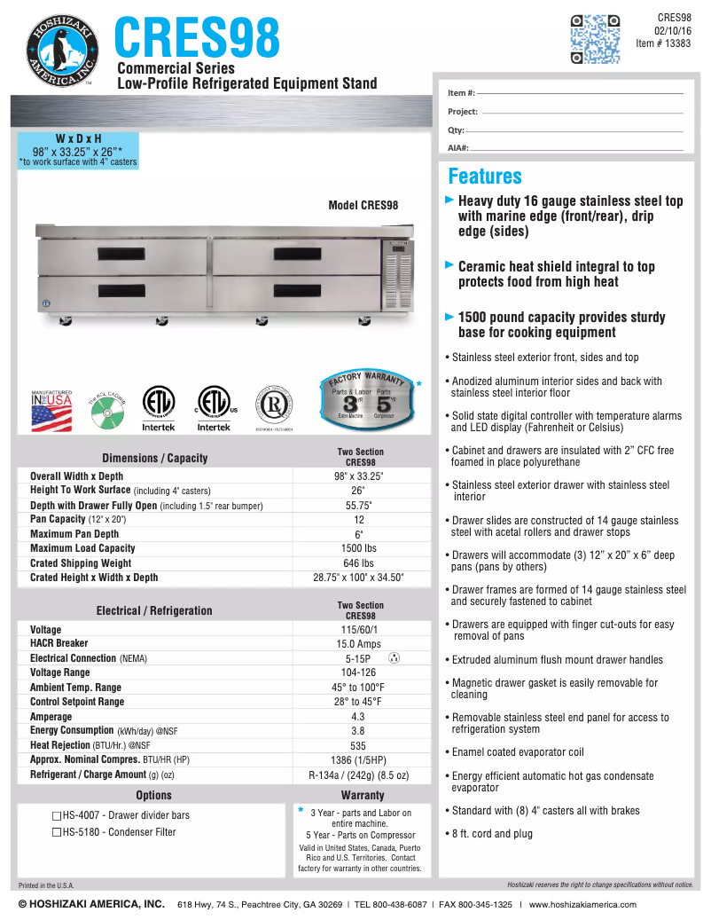Page n°1 - Fiche technique Hoshizaki Commercial CRES98